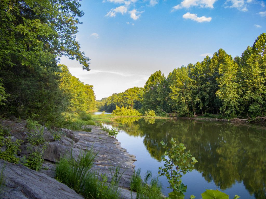 Maury River scene with rocks, trees, reflections